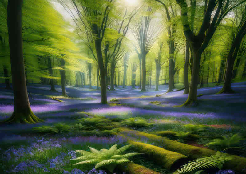 Bluebell field with green trees and sun shining through | Metal Poster