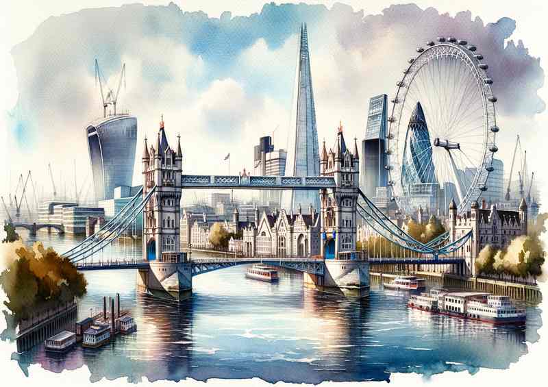 Watercolour London The River Thames flows gracefully | Metal Poster