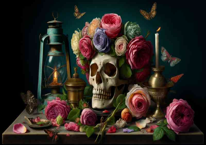 Skull crowned with a garland of lush vibrant roses | Metal Poster