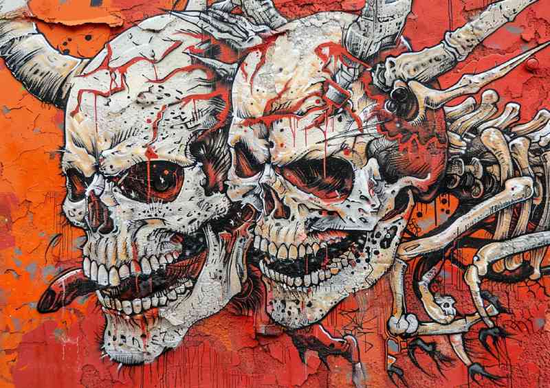 Street art devils on a skeleton skull | Metal Poster