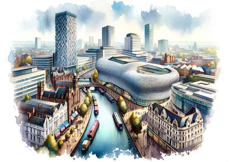 Watercolour Painting of Birmingham The citys skyline | Metal Poster