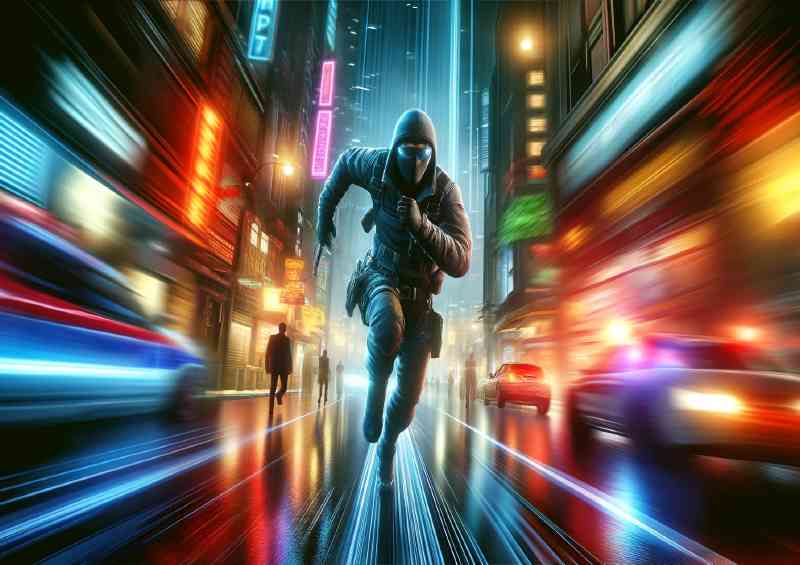 Action packed chase through a bustling metropolis at dusk | Metal Poster