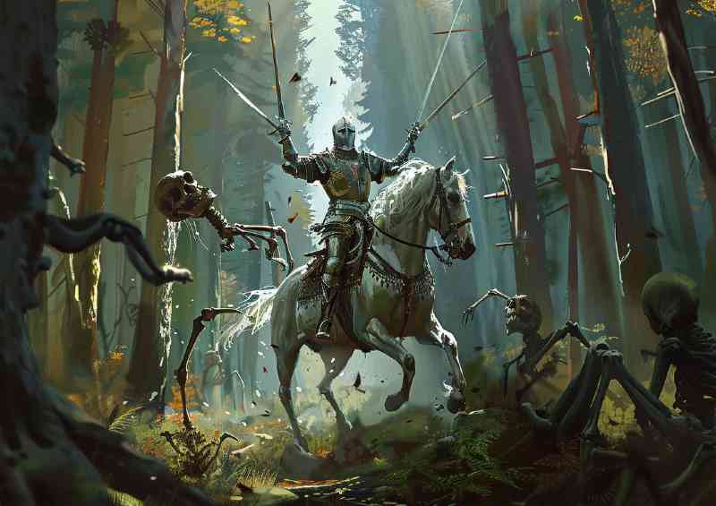 Knight in shining armor rides in forest | Metal Poster