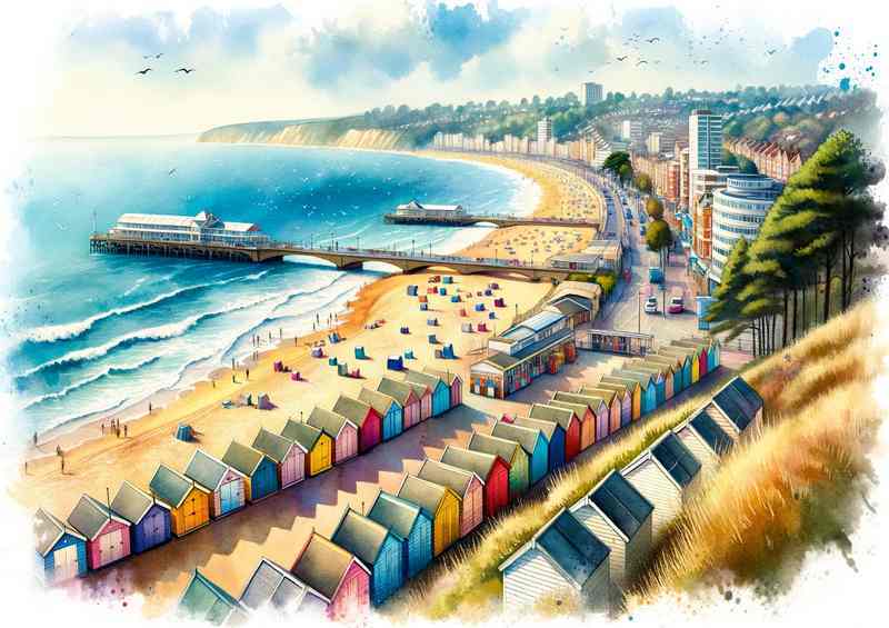 Watercolour Painting of Bournemouths Sunny Coast | Metal Poster