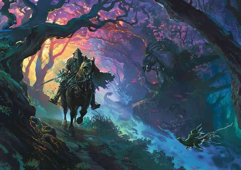 Knight on horseback rides through an enchanted forest | Metal Poster