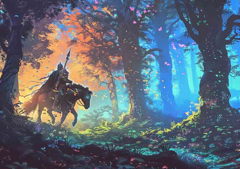 Knight on horseback riding through an enchanted forest | Metal Poster