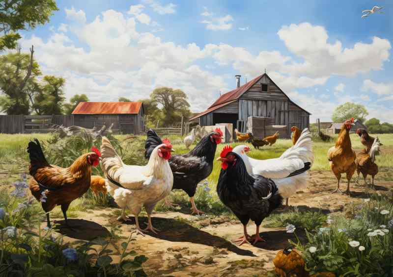 Cattle On The Farm With Chickens | Metal Poster
