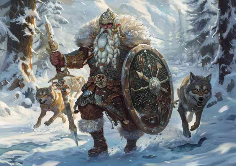 Norse Dwarf with an ornate sword and shield | Metal Poster