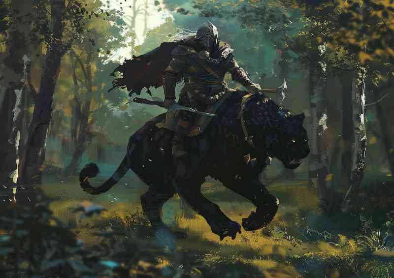 Viking riding of a black Panther in a forest | Metal Poster