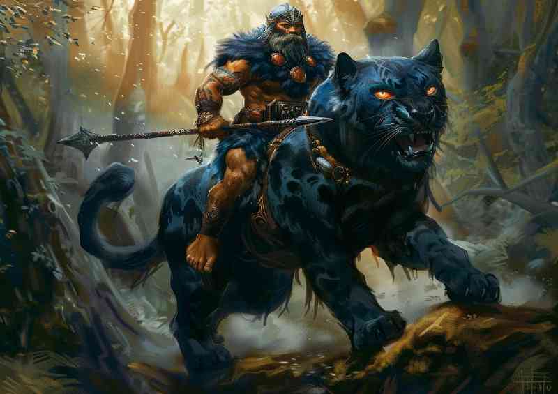 Viking riding on the back of a black Panther | Metal Poster