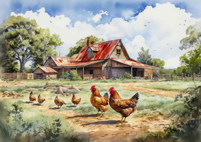 Classic Beauty Rustic Farmyard with Chickens | Metal Poster