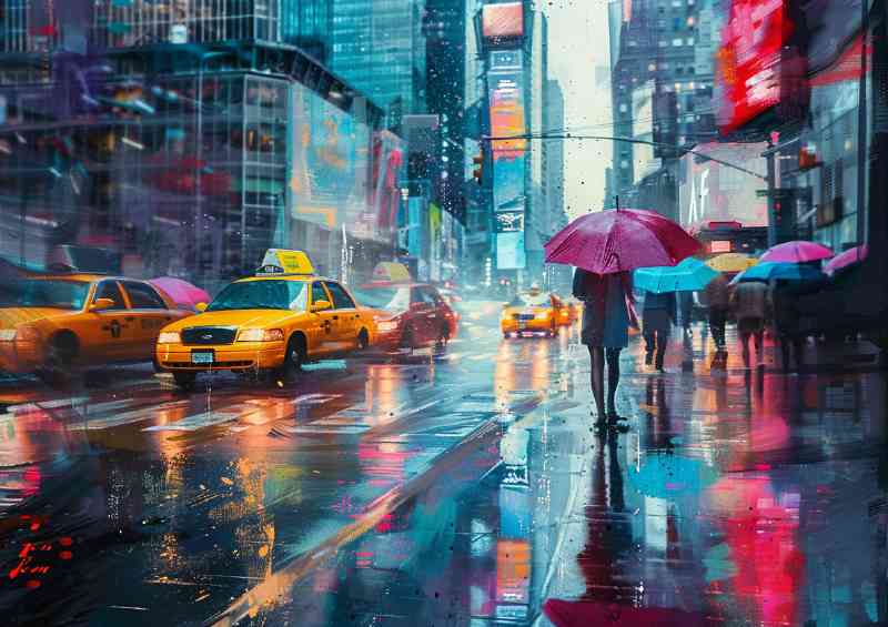City street people with umbrellas walking | Metal Poster