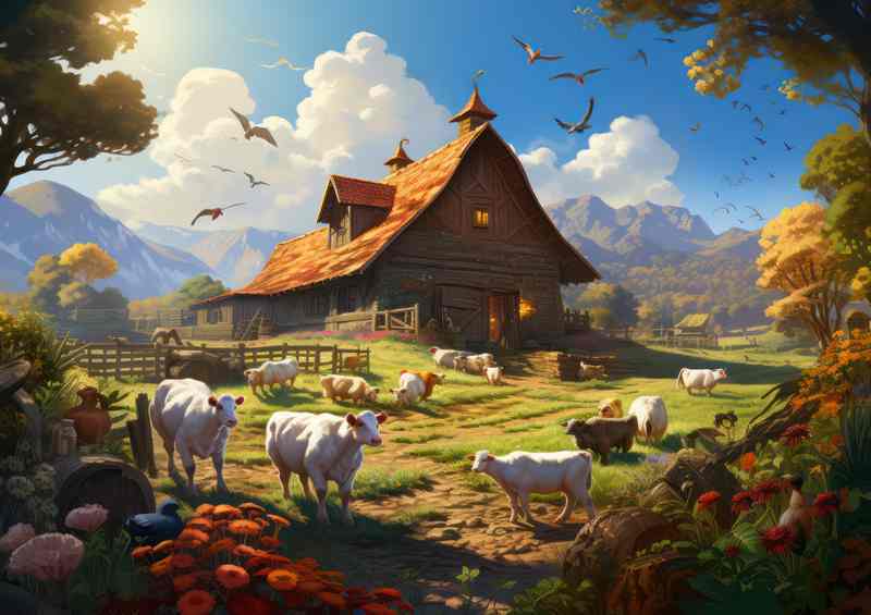 Classic Beauty Rustic Farmyard with Cows | Metal Poster