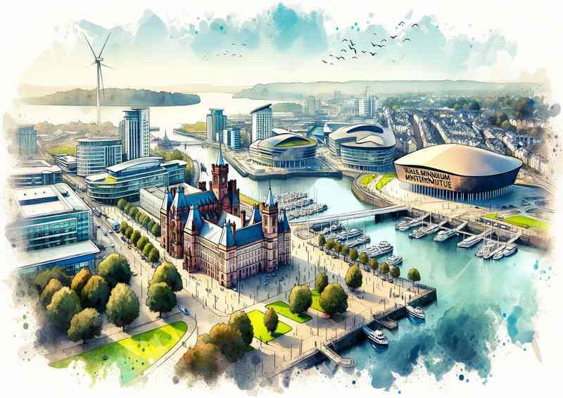 Watercolour Painting of Cardiff The capital of Wales | Metal Poster