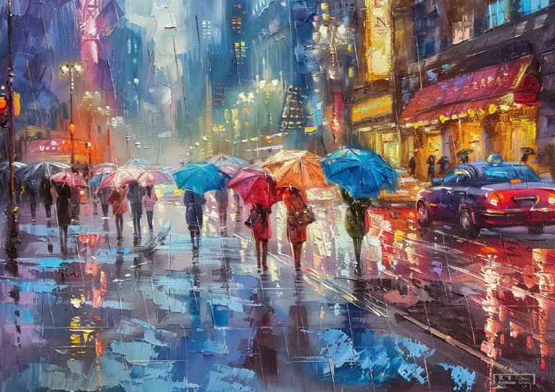 Rainy city street people with umbrellas | Metal Poster
