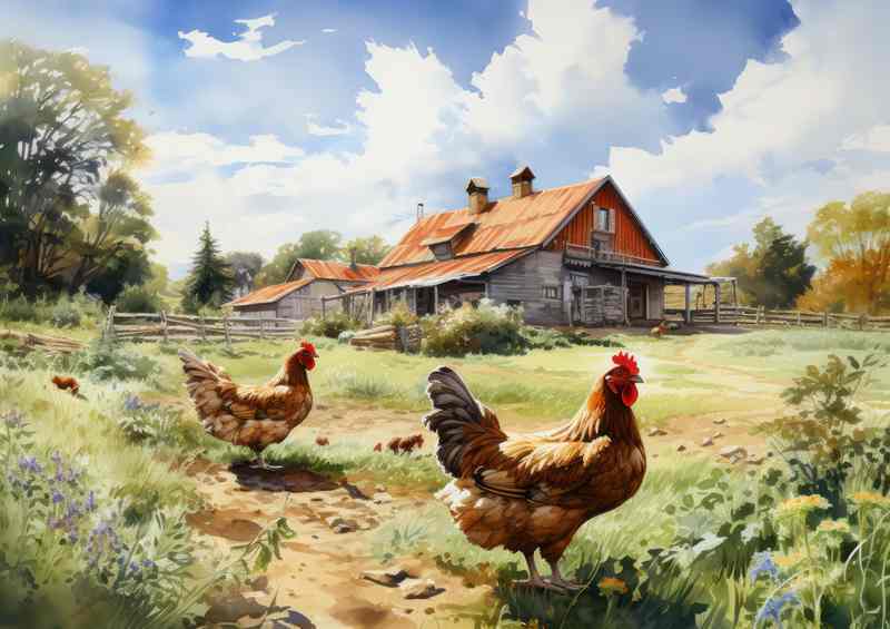 Country Morning Classic Chickens Farmyard Scene | Metal Poster