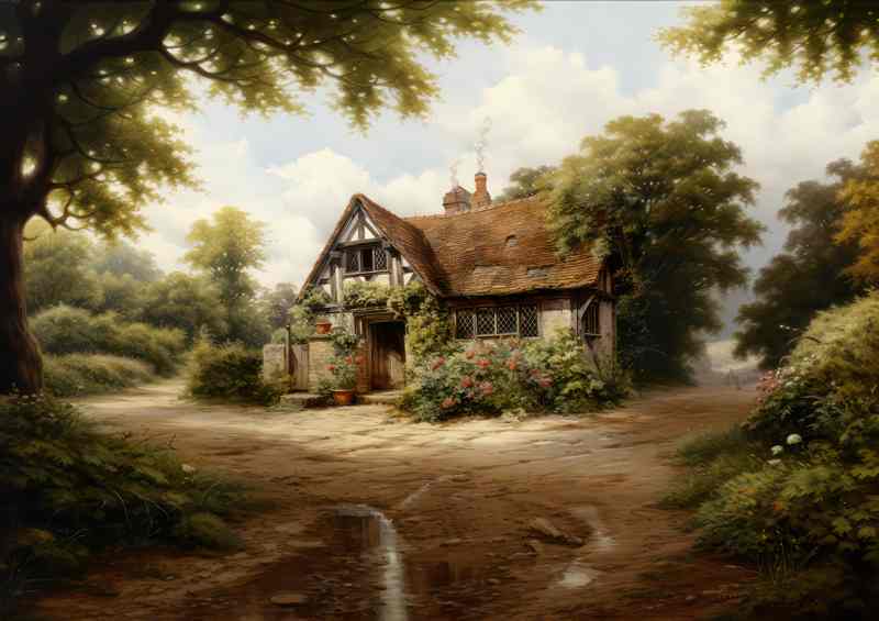 Country Serenity Old English Cottage Watercolour | Metal Poster