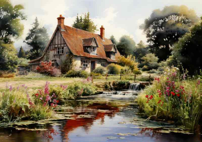 Days English Cottage by the Riverside | Metal Poster