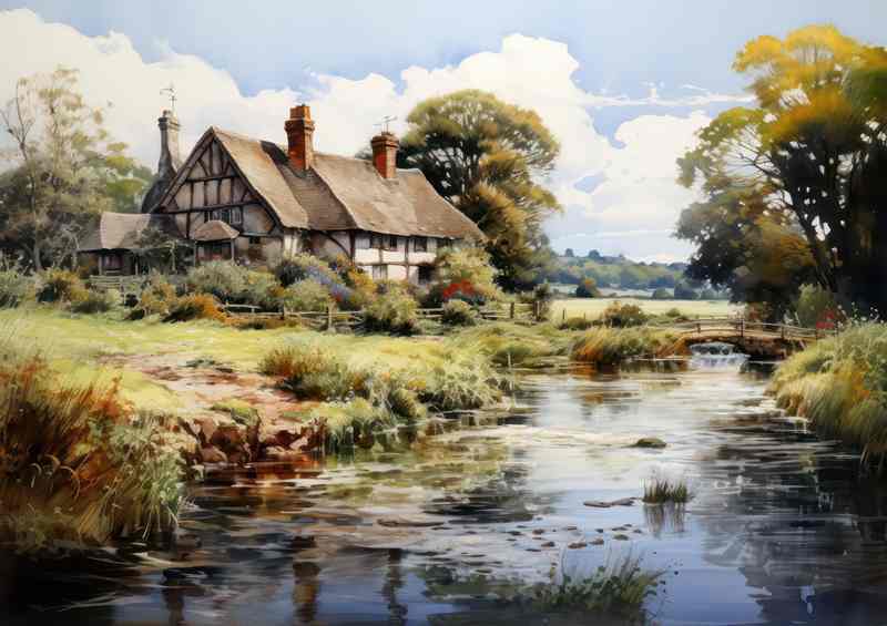 English Charm Picturesque Watercolour Riverside Cottage | Metal Poster