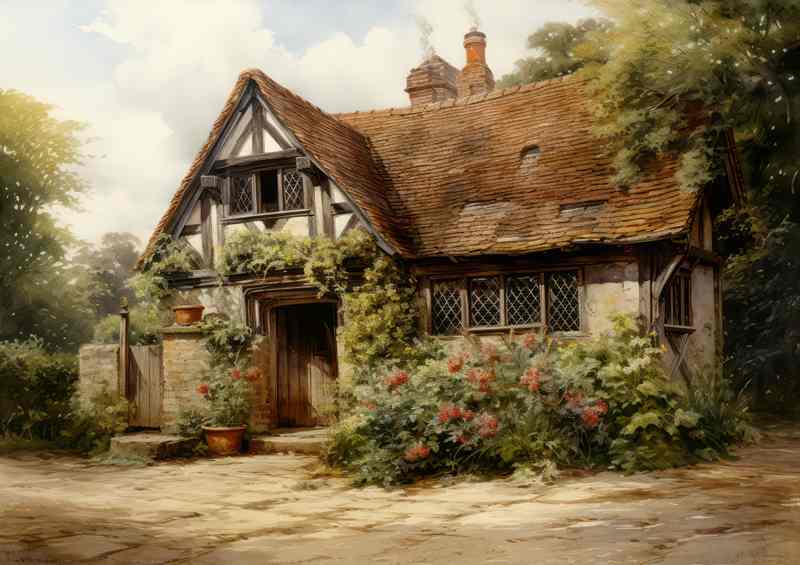 Old English Country Cottage with Roses | Metal Poster