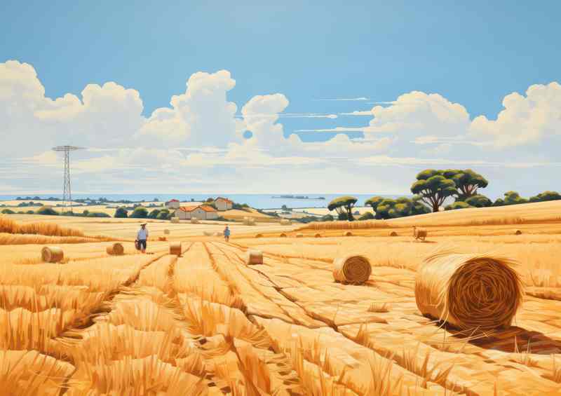 Picturesque Harvest Golden Hay Bales Fields | Metal Poster