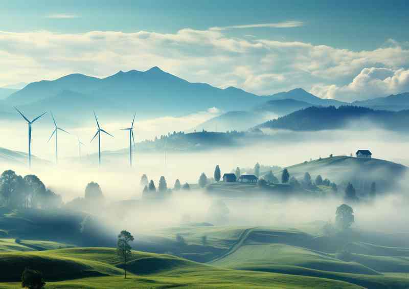 Picturesque Rural Tale Mist And Turbines | Metal Poster