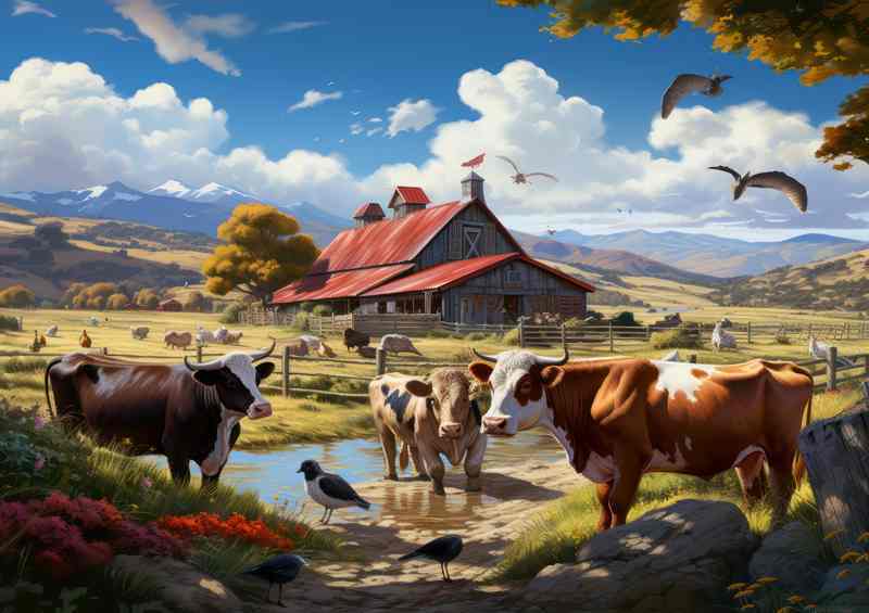 Rustic Charm Cows Roaming Classic Farm | Metal Poster
