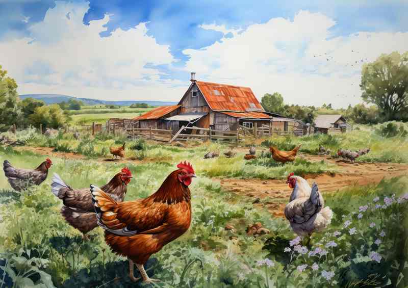 Rustic Farmyard Classic Chickens Countryside Scene | Metal Poster