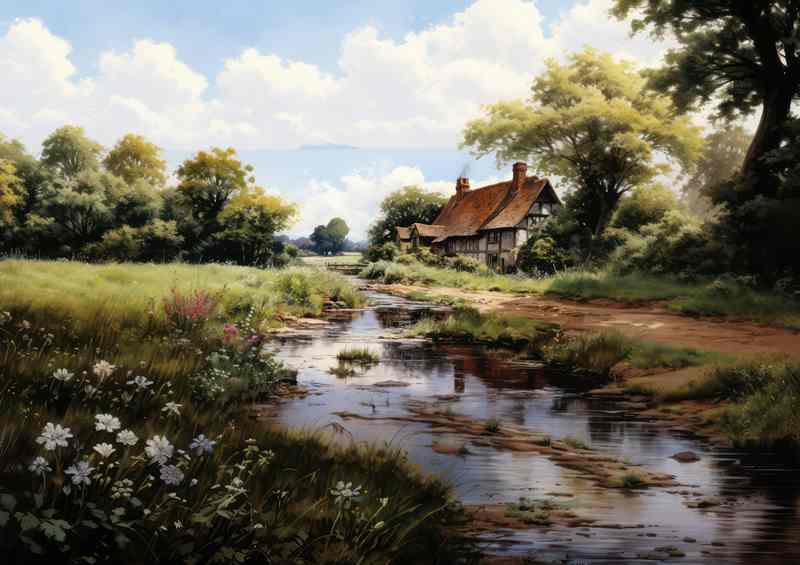 Rustic Riverside Beauty Old English Cottage | Metal Poster