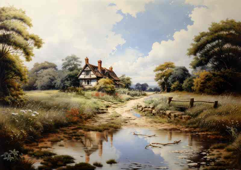 Serene Watercolours English Countryside Cottage scene | Metal Poster