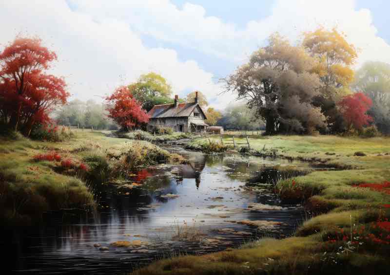Tranquil Charm Picturesque English Cottage by River | Metal Poster