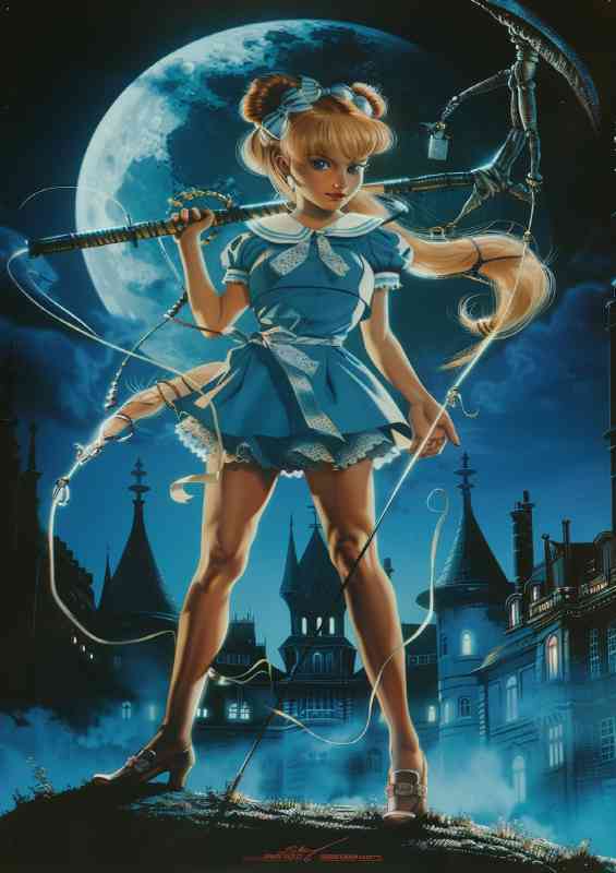 1980s girl in blue dress slaying vampiers and zombies | Metal Poster