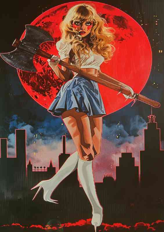 1980s movie poster woman with big axe | Metal Poster