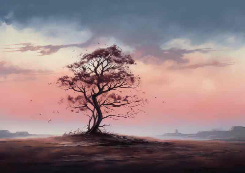 A Solirtary tree in the evening sky painted style | Metal Poster