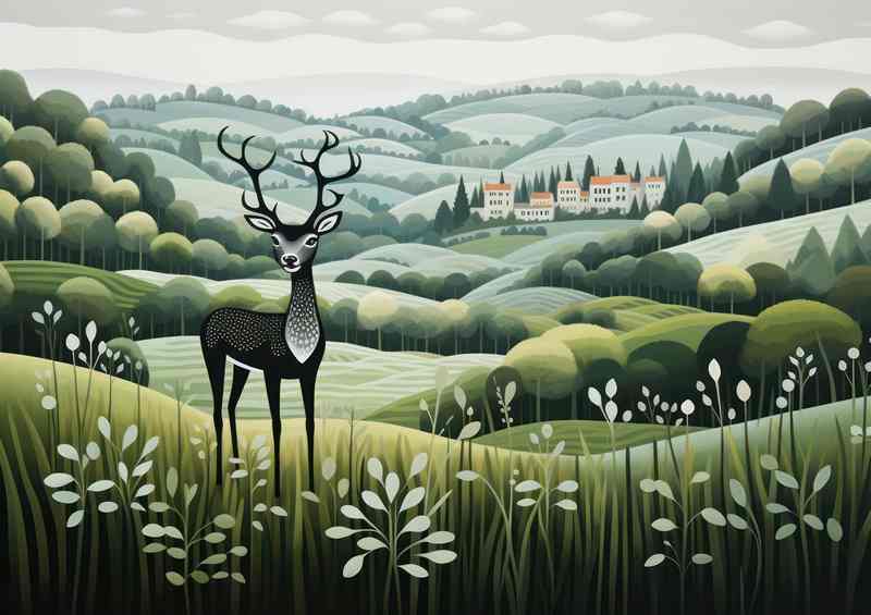 Whimsical deer In Countryside | Metal Poster