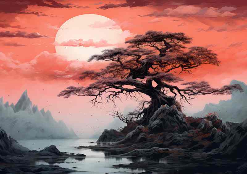 Lone single tree with full moon and a river by the side | Metal Poster