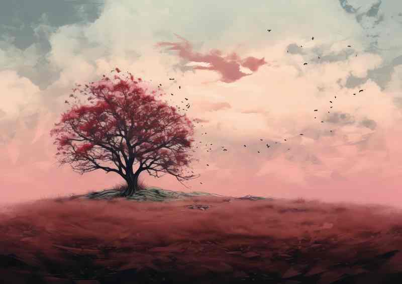 Painted single red tree on a hil top in the wind | Metal Poster
