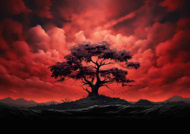 Red sky at night with Tree silouhet | Metal Poster