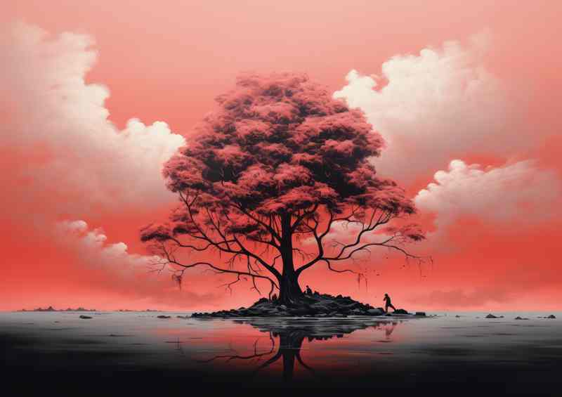 Single lonely tree with red sky and white clouds | Metal Poster
