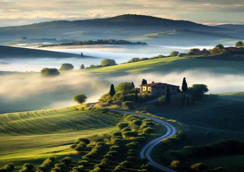 Artistic Morning Glow Over Tuscany Landscape | Metal Poster