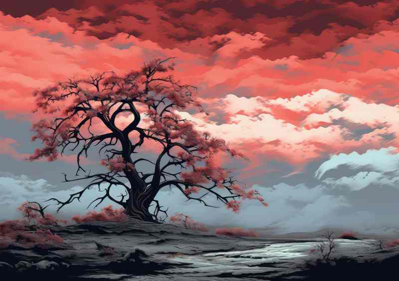 Single treewith red sky and evening drawing close | Metal Poster