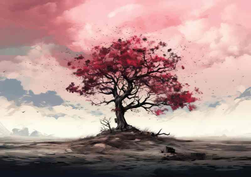 Solitary Red Tree Metal Poster