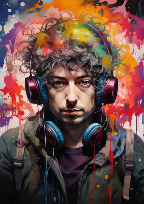 Bob dylan with headphones and colorful splatter | Metal Poster
