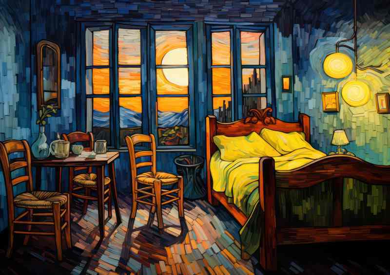A Painting that shows a bed and chairs in | Metal Poster