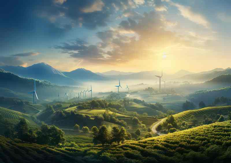 Picturesque Misty Morning Vineyards and Turbines | Metal Poster