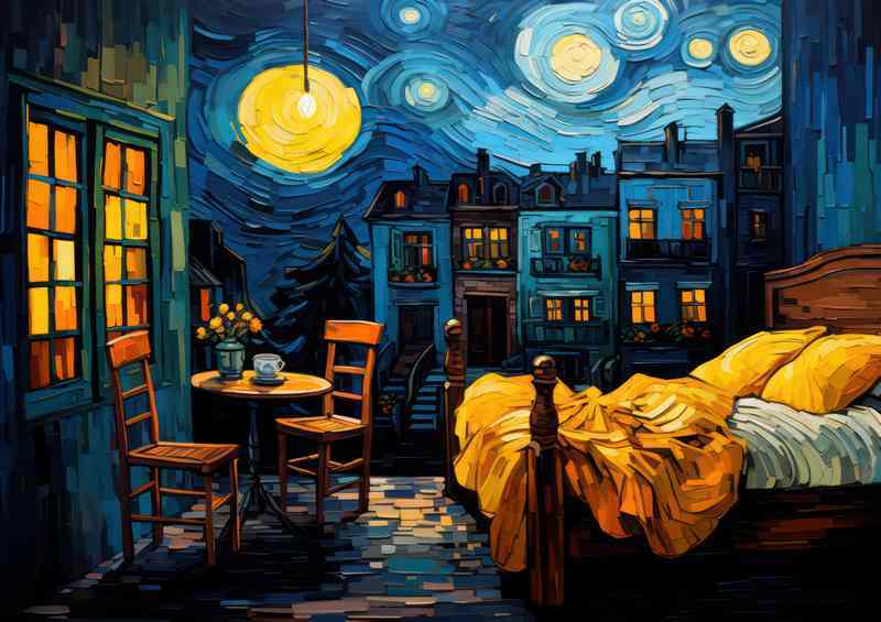 Painting style starry night and a bedroom | Metal Poster