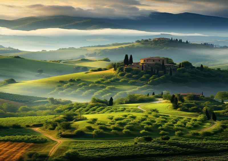 Scenic Morning Light Tuscany Landscape Artwork | Metal Poster