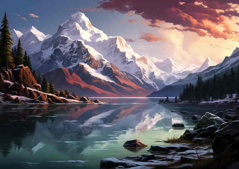 Snowy Mountains By The Lake | Metal Poster