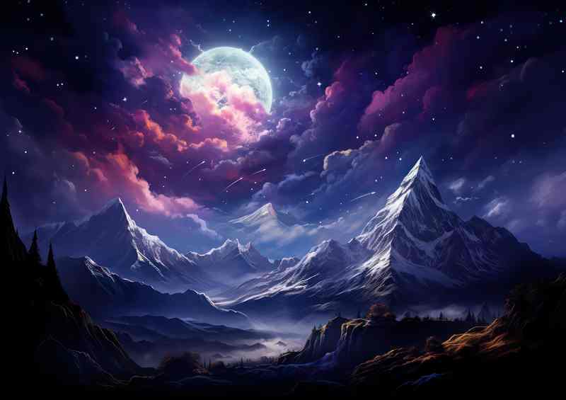Starry Night Mountain Moon Glow | Metal Poster