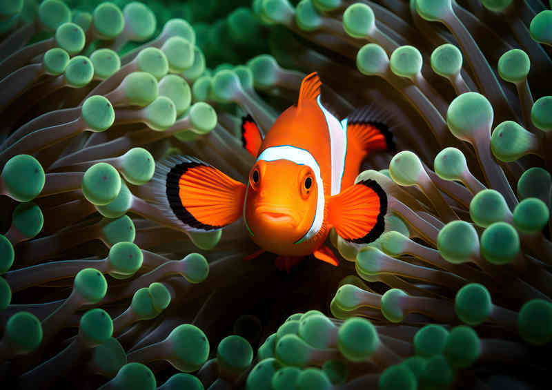 Clownfish hiding under an anemone with a green ring | Metal Poster